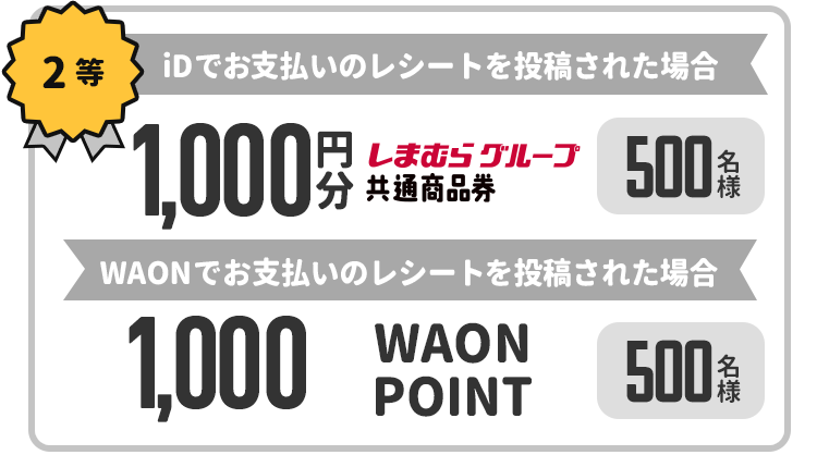 2等 iDでお支払いのレシートを投稿された場合　1,000円分 しまむらグループ共通商品券　500名様 WAONでお支払いのレシートを投稿された場合　1,000円分 WAONPOINT　500名様